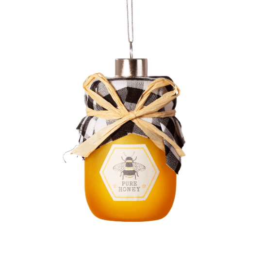 Honey jar shaped glass Christmas bauble with gingham cover, bow and honey label