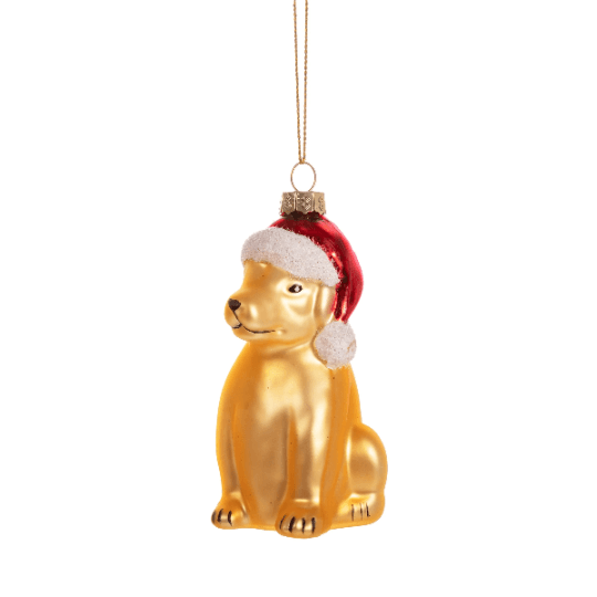 Gold seated puppy glass Christmas bauble wearing a red and white Santa hat
