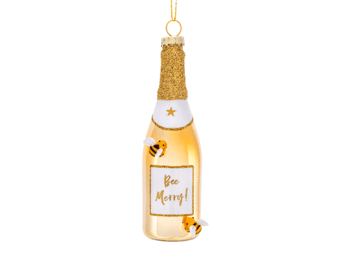 Bee Merry Gold Champagne Shaped Glass Bauble - Boxzy