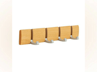 Natural wood coat rack with four folding metal hooks