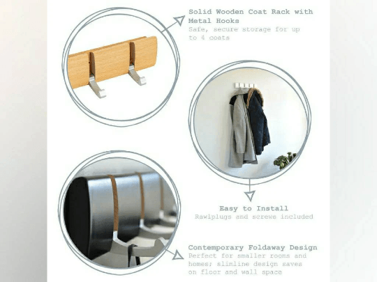 Illustrated details of the coat rack construction and folding hooks