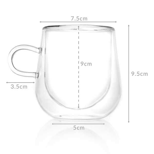 Coffee mug dimension diagram showing 9.5cm height and 7.5cm rim