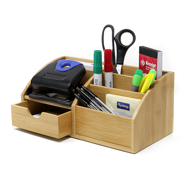 Bamboo desk organiser filled with stationery, with its small drawer open