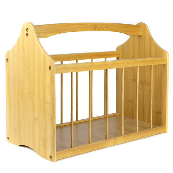 Bamboo magazine rack with open slatted sides and an integrated carry handle