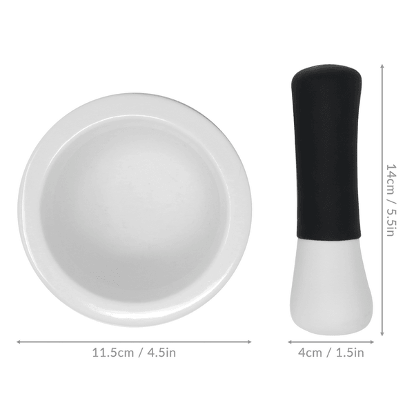 Pestle and mortar dimension diagram showing an 11.5cm bowl and 14cm pestle