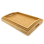 Spill-preventing bamboo serving tray with easy-to-clean surface.