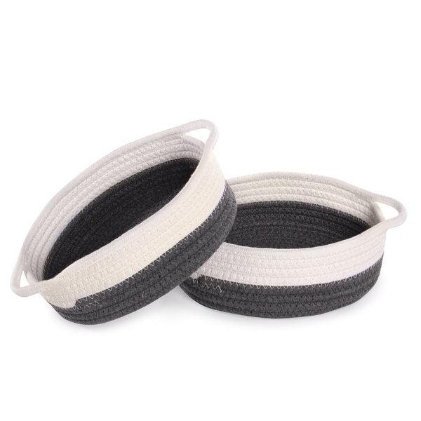 Two grey and white rope storage baskets with loop handles