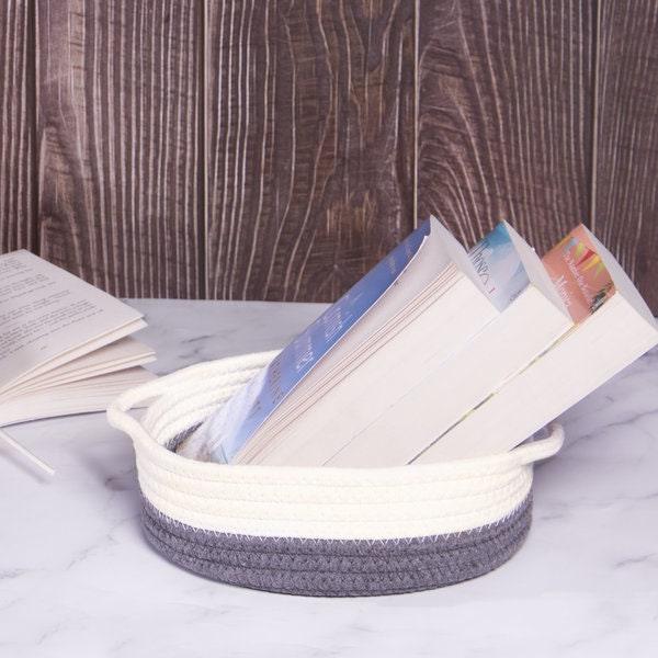 Grey and white rope basket used to organise papers