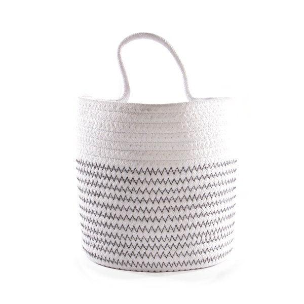 White hanging rope basket with black stitched detailing and loop handle