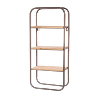 Angled view of wooden shelves within a dark grey metal frame