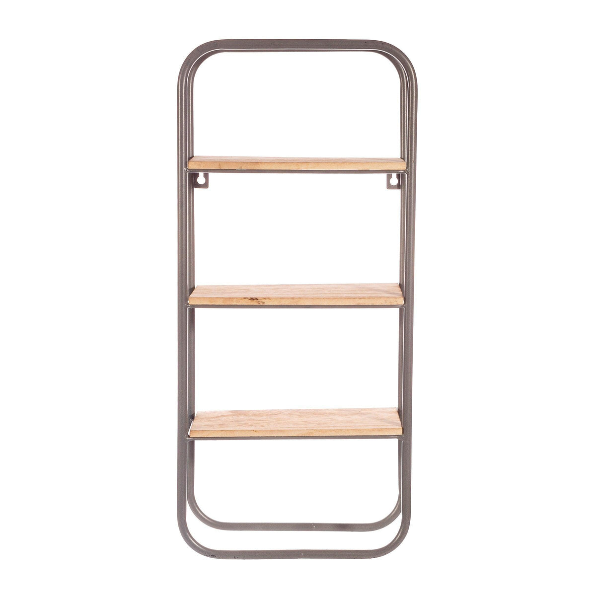 Front view of the three-tier wood and metal wall shelf
