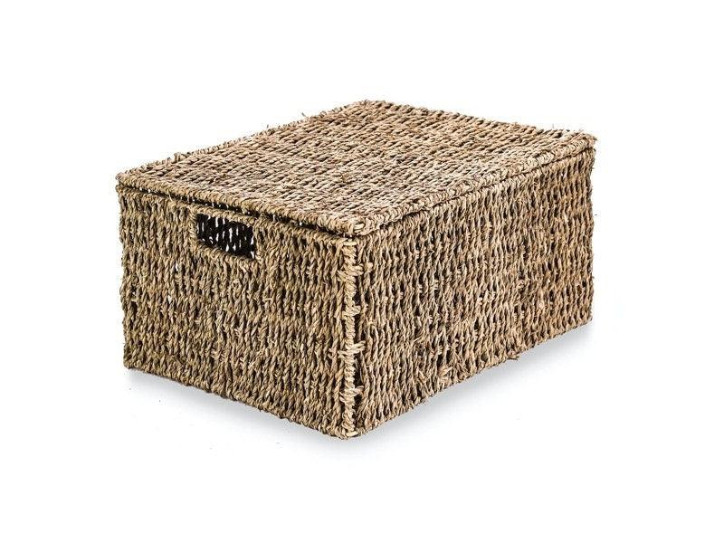 Seagrass storage basket with the lid closed and carry handle visible
