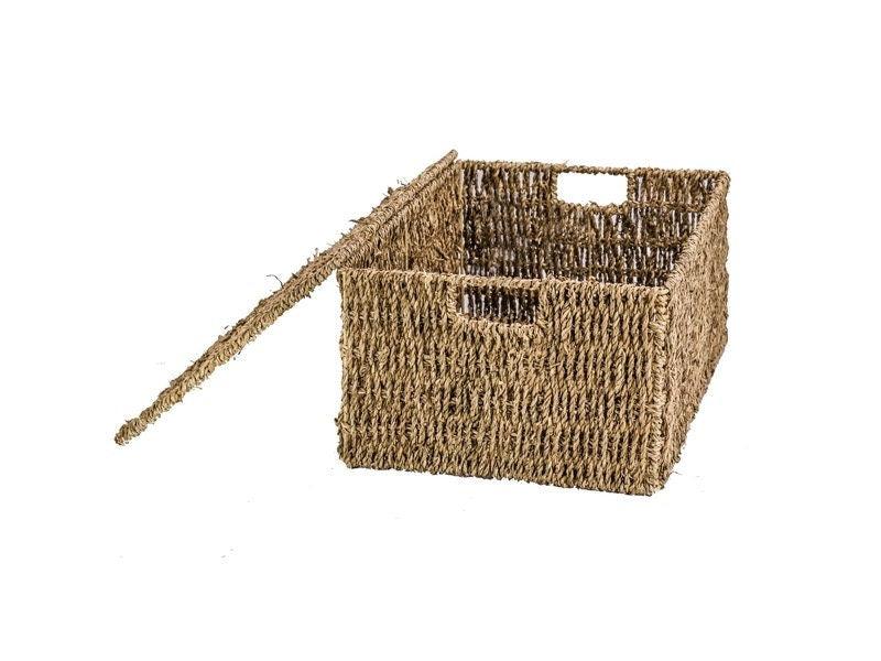 Side view of the open seagrass basket and hinged lid