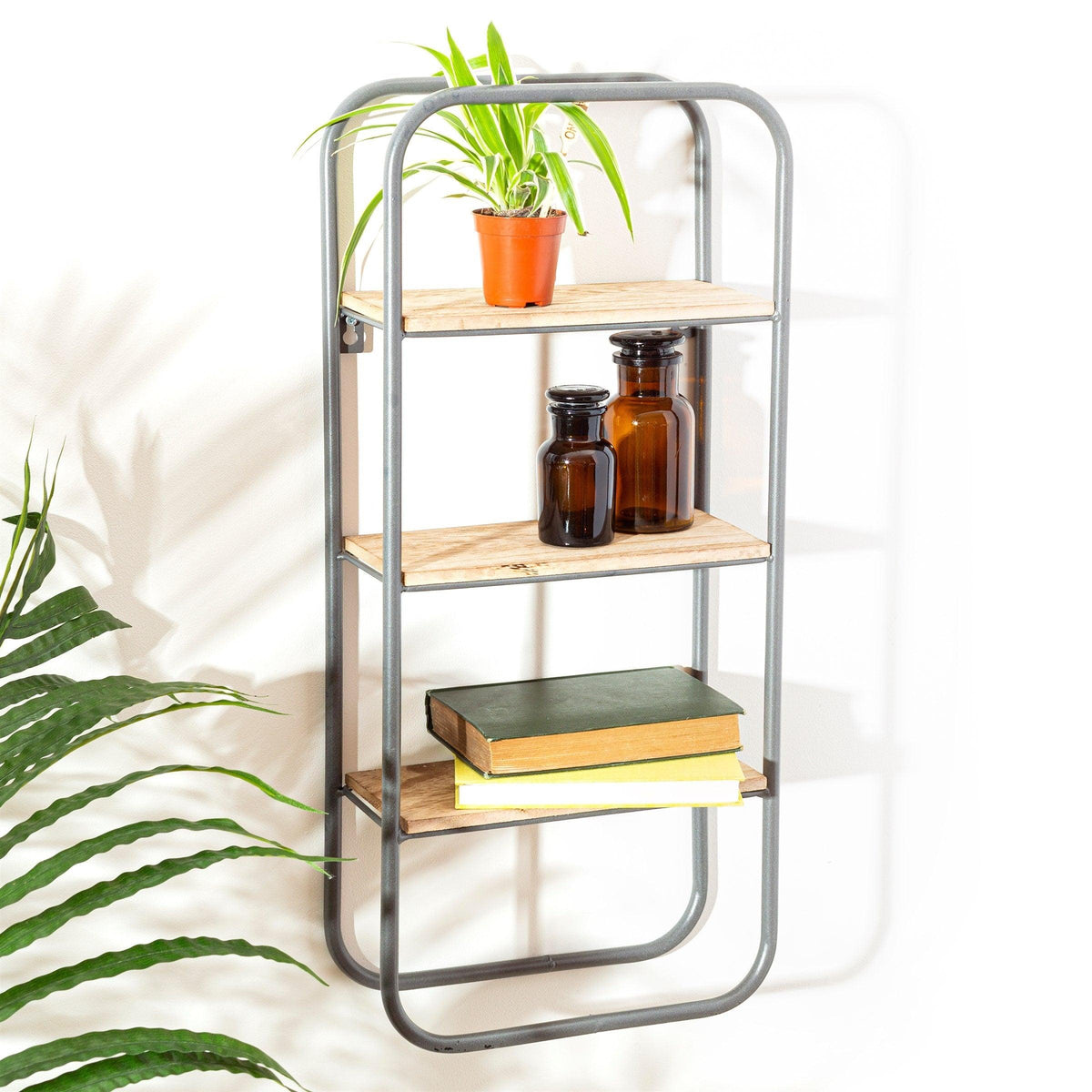 Three-tier industrial wall shelf displaying a plant, bottles and books
