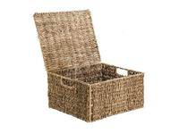 Rectangular seagrass storage basket with its hinged lid open