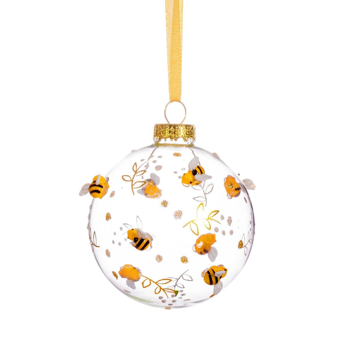 Clear round glass Christmas bauble decorated with raised yellow bees, flowers and a golden hanging ribbon