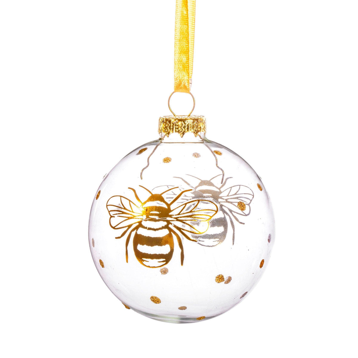 Clear round glass Christmas bauble with gold bee motifs, gold dots and a gold hanging ribbon