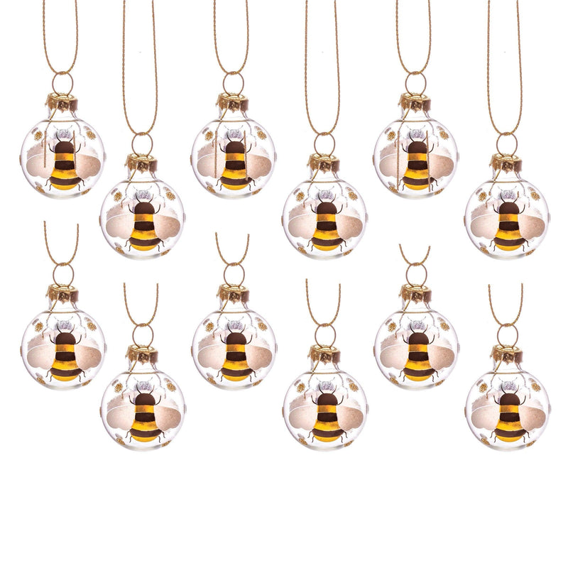 Set of twelve miniature glass Christmas baubles with golden bee designs and hanging loops