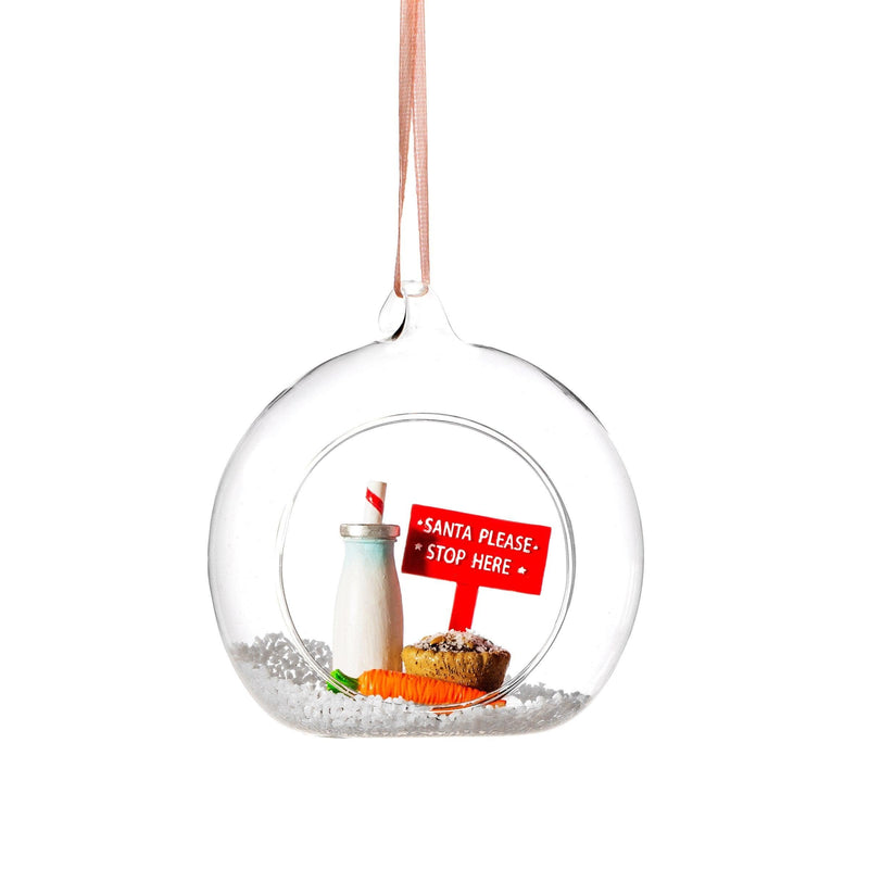 Glass dome Christmas bauble with Santa Please Stop Here sign, milk, mince pie and carrot