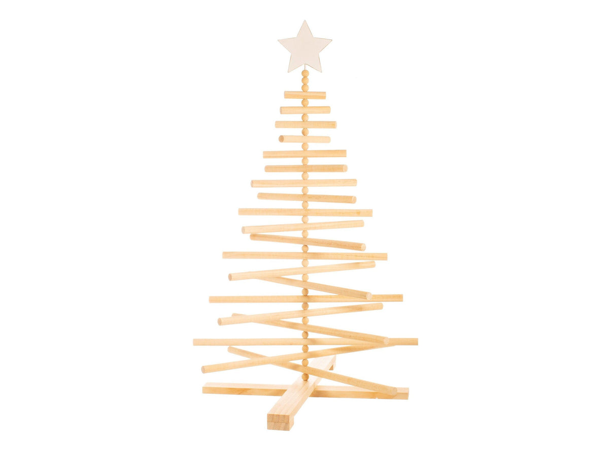 Natural wooden standing Christmas tree with open slatted branches, a beaded centre and star topper