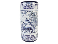 Blue and white porcelain umbrella stand with pheasant and peony decoration