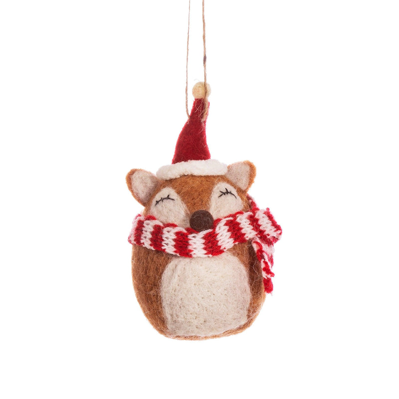 Orange felt fox Christmas ornament with a cream chest, red Santa hat and red-and-white striped scarf