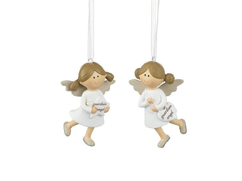 Two white-dress hanging angel Christmas decoration designs; one angel supplied at random