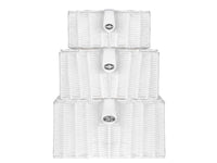 Small, medium and large white resin-woven baskets with front clasps