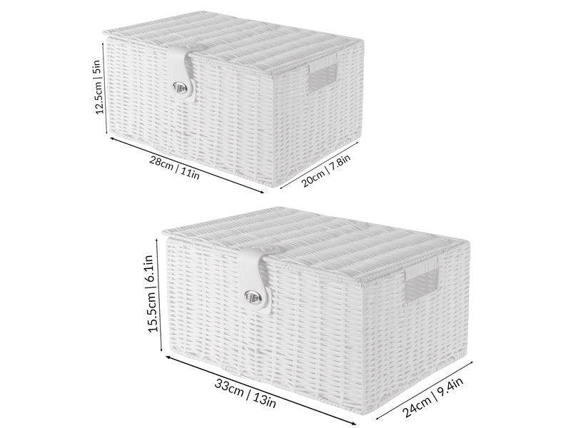 Size illustration for white woven storage baskets with lids
