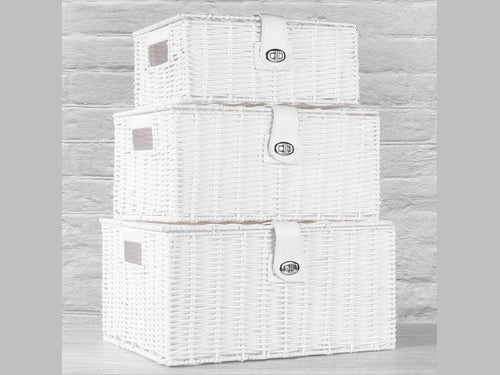 Resin Woven White Storage Baskets with Lid  | Set of 3 - Boxzy