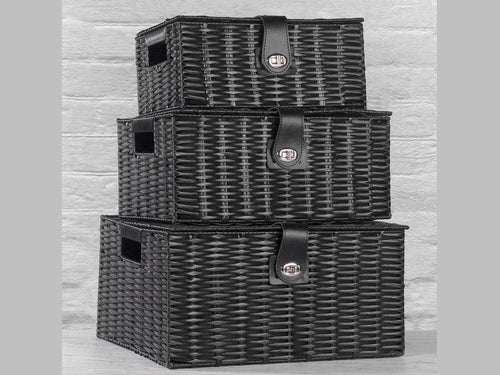 Resin Woven Storage Baskets with Lid  - Set of 3 Black - Boxzy