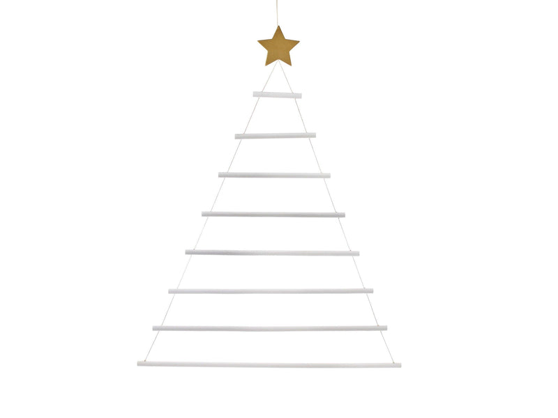 White wooden slatted hanging Christmas tree with cotton string and a gold star
