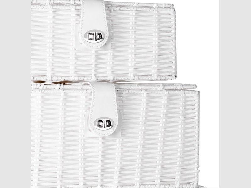 Close-up of white basket weave, lid and clasp fastenings