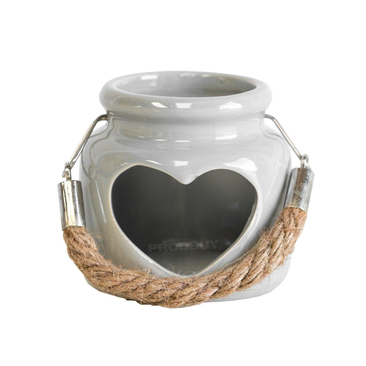 Grey ceramic candle holder showing heart cut-out and rope handle