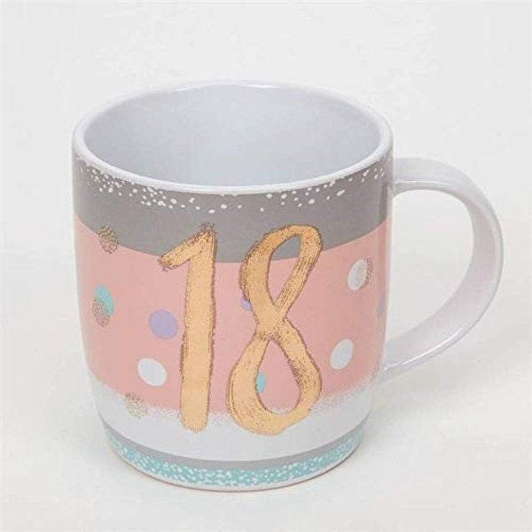 Bellini 18th birthday mug with large rose-gold number and pastel patterned background