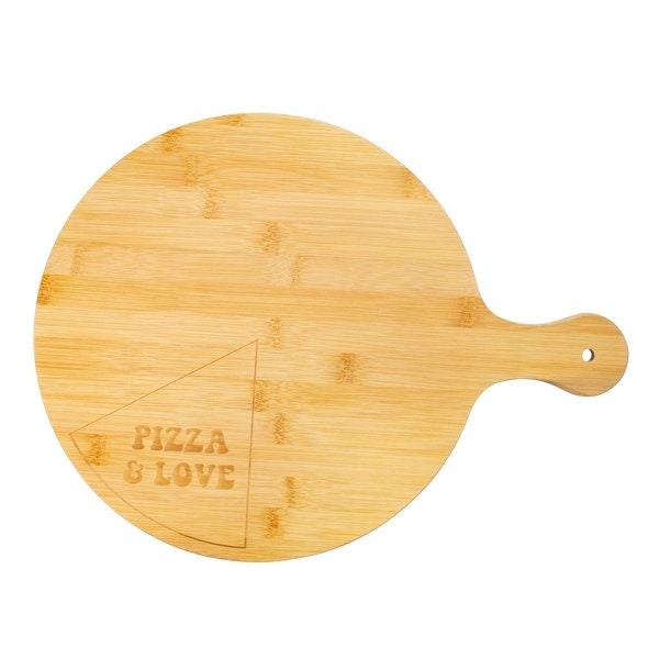 Round bamboo pizza serving board with handle and Pizza & Love engraving