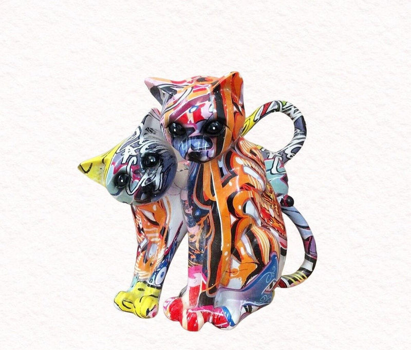Colourful resin cat couple ornament with two cats nestled together