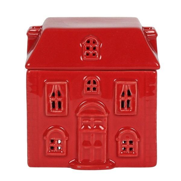 Red glazed ceramic house oil burner with removable roof and cut-out windows