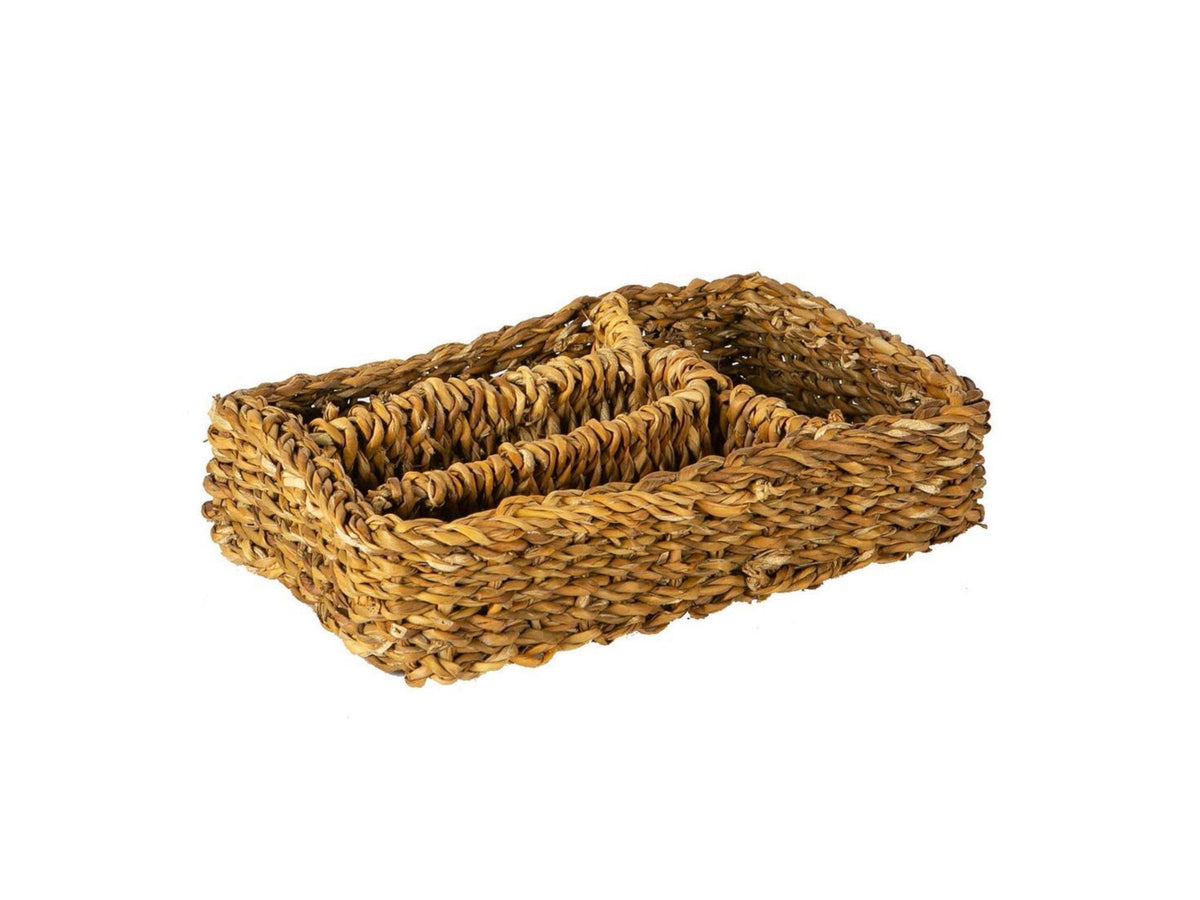 Empty rectangular woven typha organiser tray showing its four compartments