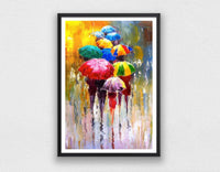 Colourful rainy-day umbrella print shown in a black frame for illustration; frame not included