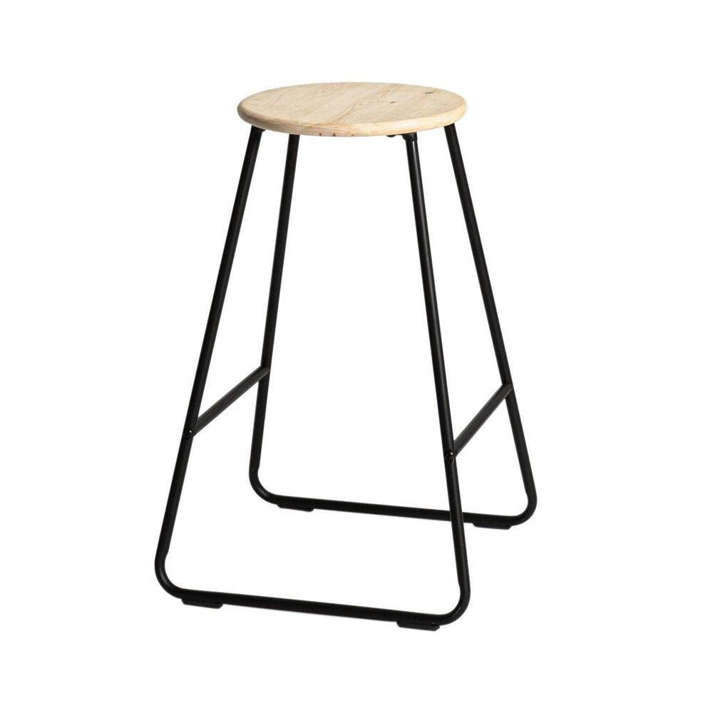 Backless pine seat bar stool with black metal legs on a white background