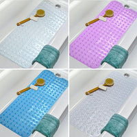 Bath mat colour comparison showing white, purple, blue and grey mats; this listing is for blue